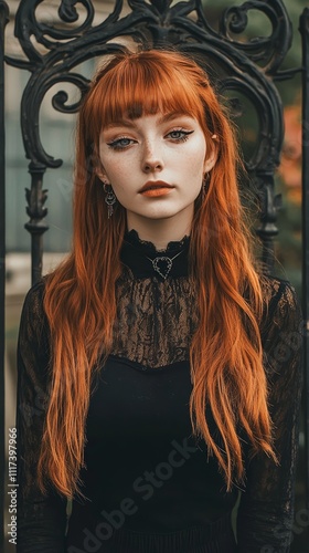 Redhead woman in a black lace top