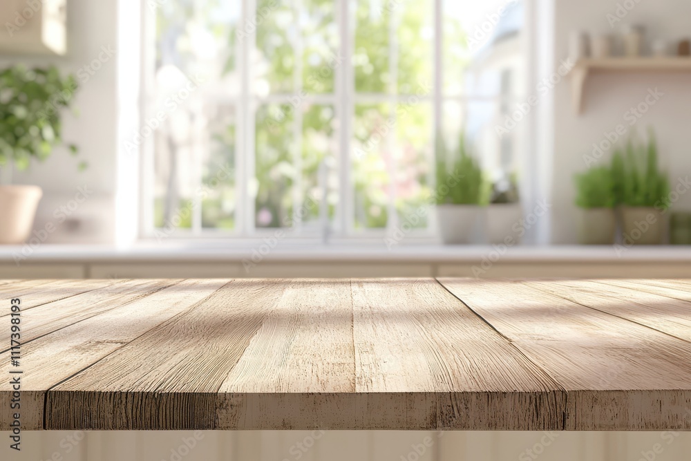 Bright kitchen scene with a wooden table and plants near a window. Bright kitchen scene with a wooden table and plants near a window.