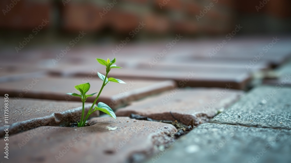 A tiny green sprout pushes through a crack in the pavement, a symbol of resilience and life's ability to find a way A tiny green sprout pushes through a crack in the pavement, a symbol of resilience and life's ability to find a way