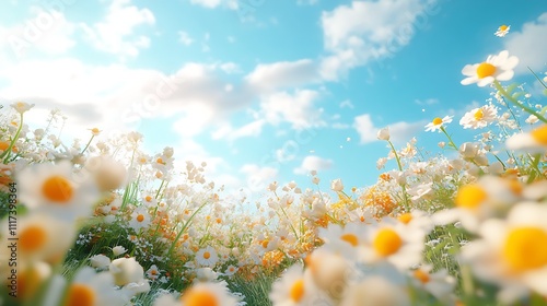 Vibrant Daisy Field Under Bright Blue Sky in Spring Blooming and Natural Beauty Concept : Generative AI