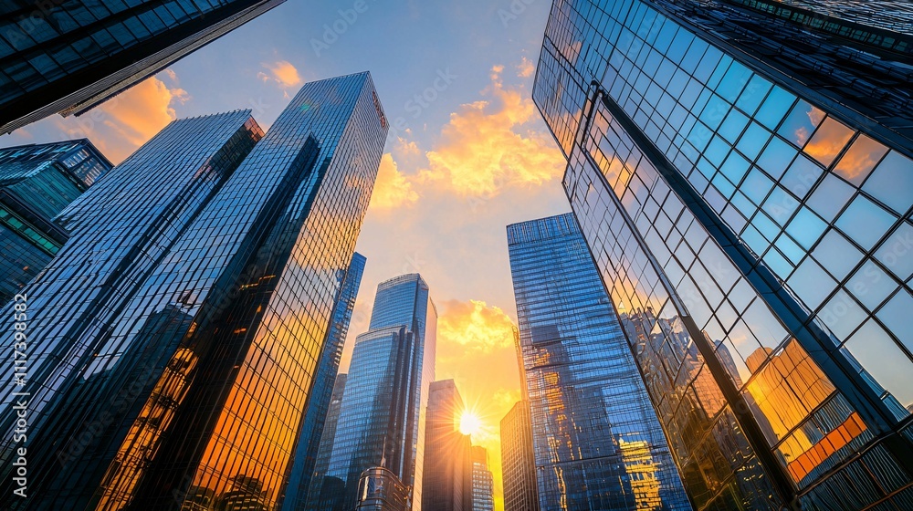 A radiant golden sunrise bathes a modern city skyline in warm light, illuminating sleek skyscrapers and heralding a new day brimming with potential.