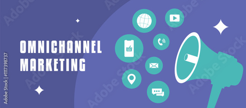 Omnichannel marketing strategy connects customers via social media, email, websites, video, apps and calls. Builds brand engagement and loyalty across multiple channels. Marketing vector illustration