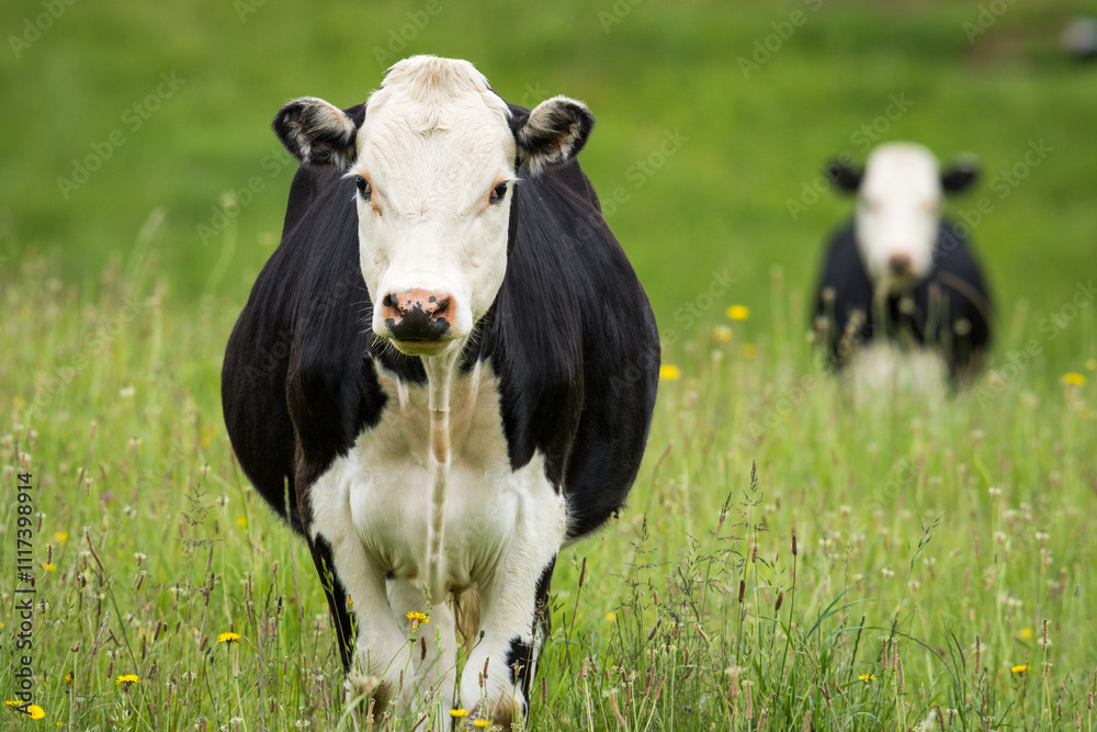 white face dairy cross cattle in green grassy paddock white face dairy cross cattle in green grassy paddock