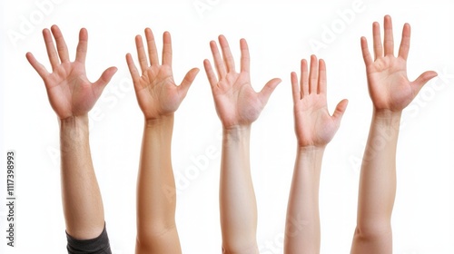 Diverse hands raised in unity, symbolizing support and collaboration on a white isolated background.