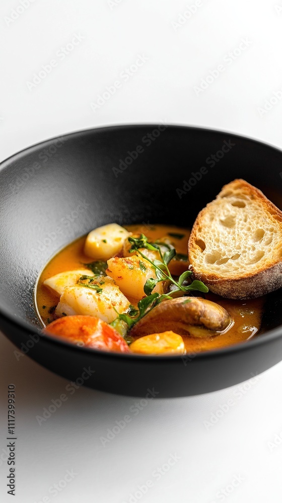 Bouillabaisse served in a sleek black bowl, paired with a rustic piece of toasted bread on the side.