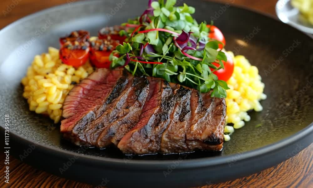 A gourmet dish featuring sliced steak, risotto, roasted tomatoes, and fresh greens. A gourmet dish featuring sliced steak, risotto, roasted tomatoes, and fresh greens.