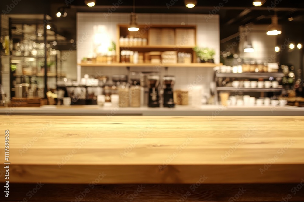 A cozy caf? interior with wooden counter and shelves filled with coffee and plants. A cozy caf? interior with wooden counter and shelves filled with coffee and plants.