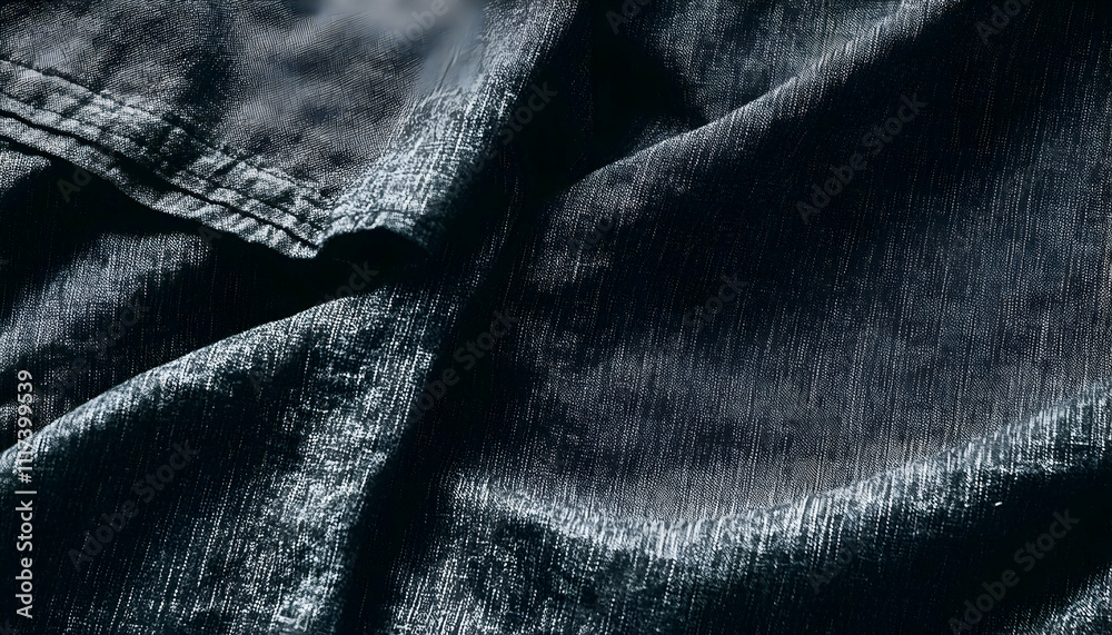 Close-up textured image of dark denim fabric, showing wrinkles and folds. Ideal for background or textile design.