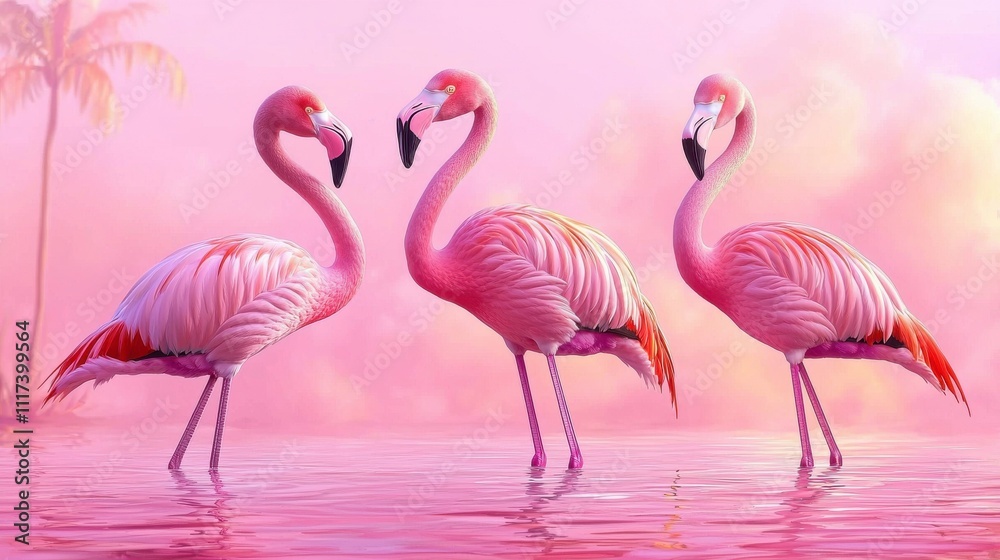 Obraz premium Three Elegant Pink Flamingos Standing Gracefully in a Serene Pink-Tinted Lagoon Under a Soft Pastel Sky in a Dreamy Tropical Environment