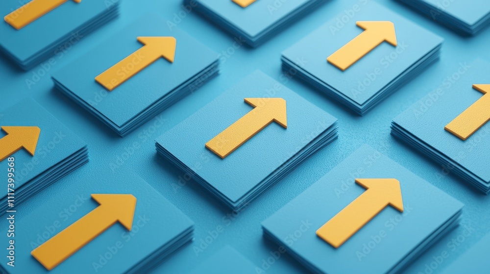 Vibrant Blue Background with Yellow Up Arrows on Cards Representing Growth, Progress, Direction, and Positive Change in Business and Personal Development Concepts Vibrant Blue Background with Yellow Up Arrows on Cards Representing Growth, Progress, Direction, and Positive Change in Business and Personal Development Concepts