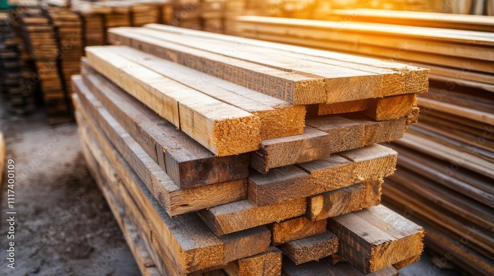 Stacked wooden planks in a lumber yard, ready for construction use. Stacked wooden planks in a lumber yard, ready for construction use.