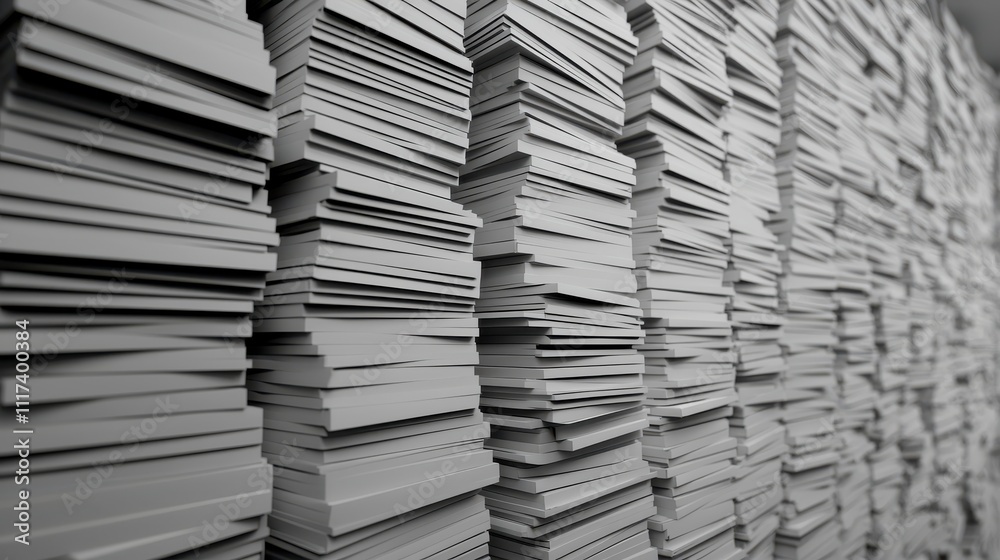 A Close-Up View of Neatly Stacked Blank Paper Sheets Creating an Abstract Pattern in Monochrome Tones, Showcasing the Art of Organization and Minimalism A Close-Up View of Neatly Stacked Blank Paper Sheets Creating an Abstract Pattern in Monochrome Tones, Showcasing the Art of Organization and Minimalism