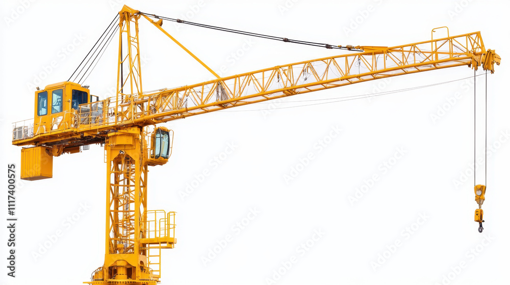 A large yellow construction crane towers against a white background, showcasing its intricate structure and powerful lifting capabilities. A large yellow construction crane towers against a white background, showcasing its intricate structure and powerful lifting capabilities.