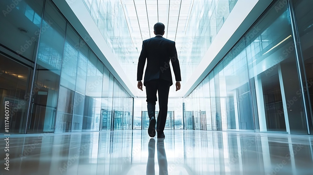 Businessman Walking in Modern Glass Office Building with Confidence : Generative AI