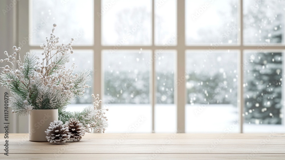 Christmas background table with copy space on blur decorated frosty window interior. Christmas background table with copy space on blur decorated frosty window interior.