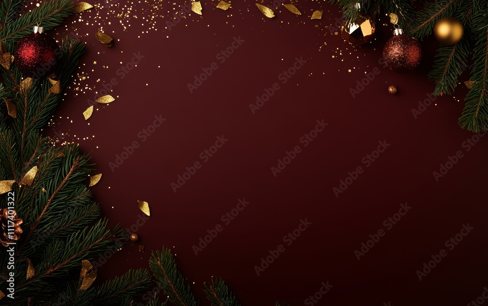 A festive Christmas backdrop featuring lush fir branches adorned with sparkling gold decorations and vibrant red ornaments. A festive Christmas backdrop featuring lush fir branches adorned with sparkling gold decorations and vibrant red ornaments.