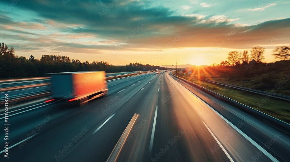 Obraz premium Cargo van is driving on the highway at speed with a blurred background. Freight transport, commercial transport concept with free space for text, copy space.