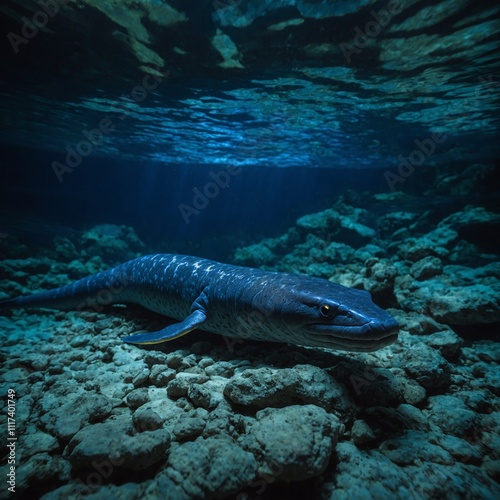 An electric eel glowing faintly under the blue and white river light. photo