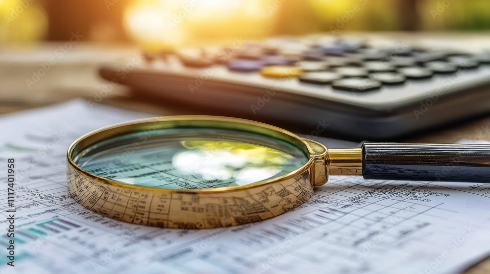 A magnifying glass sits over financial documents, with a calculator in the background, suggesting detailed analysis or examination of data. A magnifying glass sits over financial documents, with a calculator in the background, suggesting detailed analysis or examination of data.