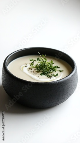 A presentation of hernekeitto served in a sleek black bowl, garnished with a swirl of cream and fresh herbs. photo