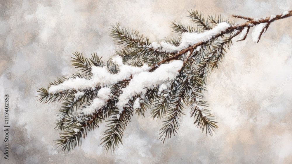A snow-covered pine branch against a soft, muted background. A snow-covered pine branch against a soft, muted background.