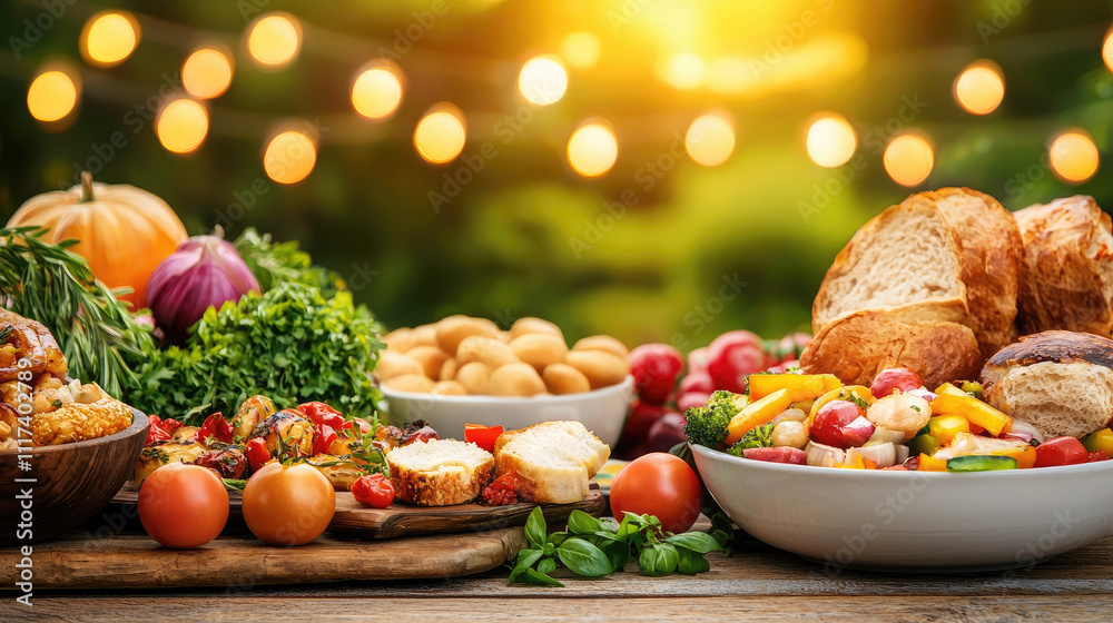 Naklejka premium Freshly prepared dishes and vibrant ingredients for a delightful outdoor feast.