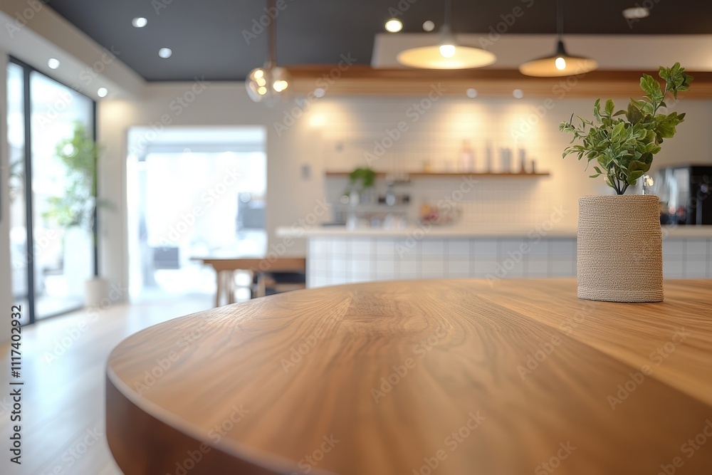 A modern interior featuring a wooden table with a plant centerpiece and a bright, open kitchen. A modern interior featuring a wooden table with a plant centerpiece and a bright, open kitchen.