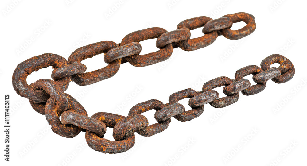 Fototapeta premium Rusty metal chain lying on a surface, cut out - stock png.
