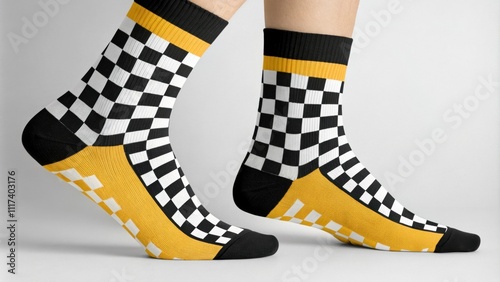 Stylish checkered socks in vibrant yellow and black, adding elegance to any outfit, suitable for casual wear