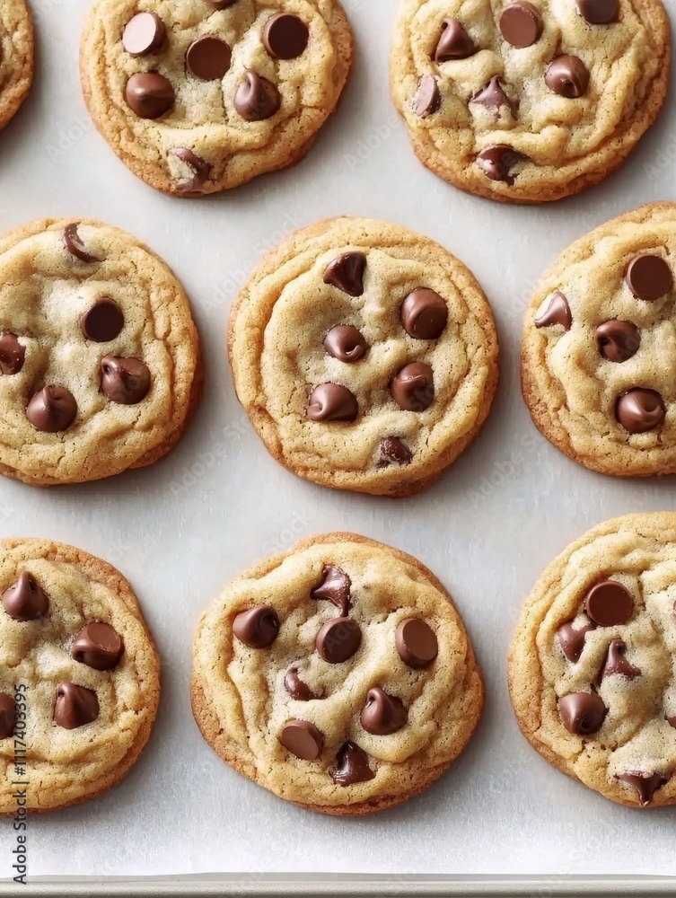 Freshly baked chocolate chip cookies arranged neatly on a baking sheet, showcasing their golden edges and melty chocolate chips. Freshly baked chocolate chip cookies arranged neatly on a baking sheet, showcasing their golden edges and melty chocolate chips.