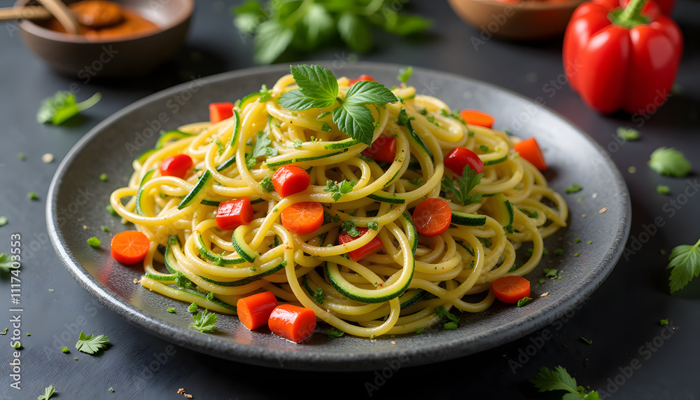 Vibrant plate of zucchini noodles mixed with colorful bell peppers and carrots, beautifully presented on a dark slate surface Vibrant plate of zucchini noodles mixed with colorful bell peppers and carrots, beautifully presented on a dark slate surface