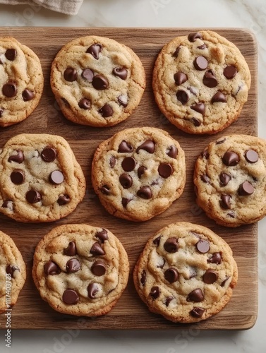 Deliciously baked chocolate chip cookies arranged on a wooden board, showcasing their gooey chocolate and golden-brown edges.