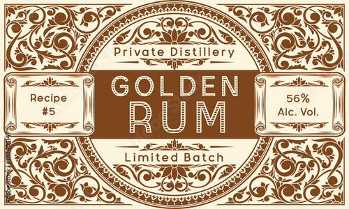 Golden Rum - monochrome ornate vintage decorative label