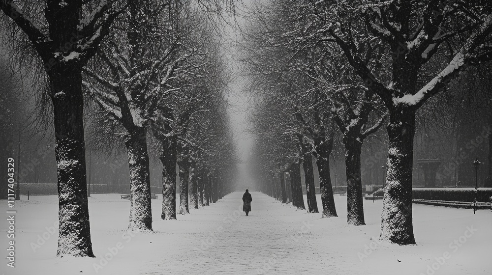 Snow-covered trees line a path with a solitary figure in the distance - ai Snow-covered trees line a path with a solitary figure in the distance - ai