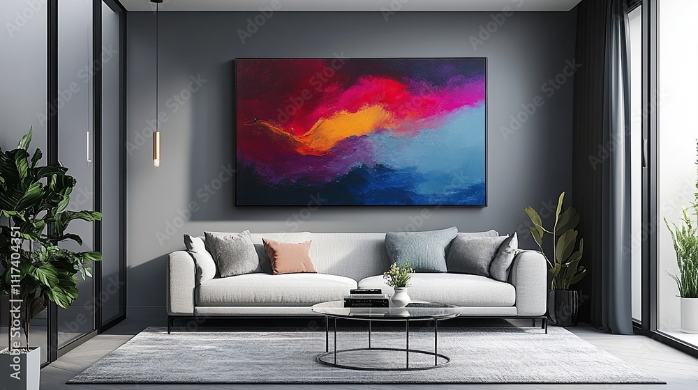 Vibrant Sunset Abstract Art in Modern Living Room Vibrant Sunset Abstract Art in Modern Living Room