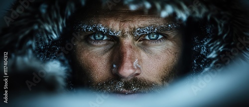 A determined face framed by furlined hood amidst heavy snow, capturing the harsh but adventurous spirit of exploration photo