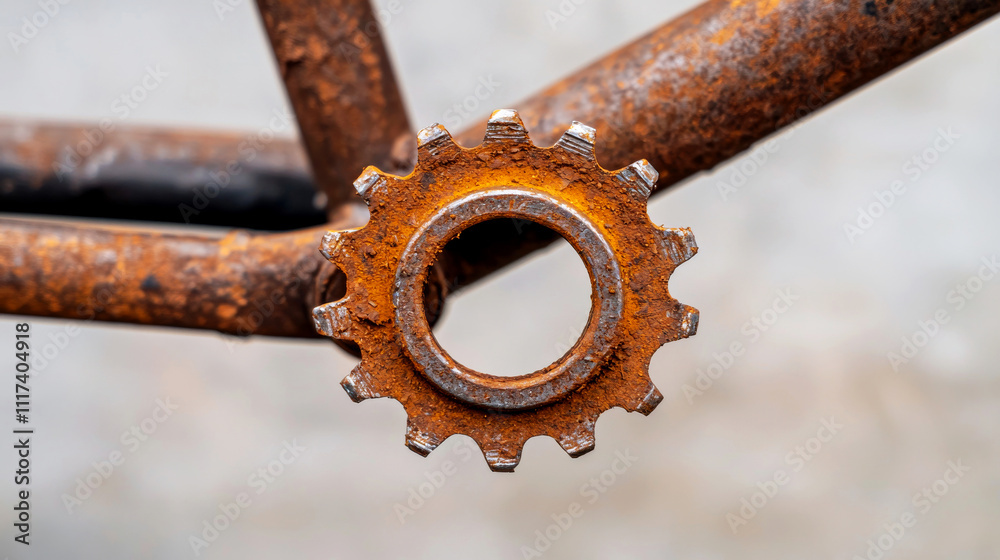 Bicycle repairs and alignment concept. Rusty bicycle gear against a blurred background.