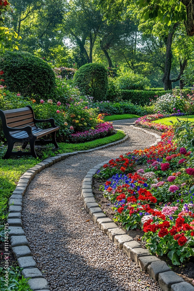 Obraz premium Curved garden path lined with trimmed bushes and colorful flower beds, leading to a bench, offering a tranquil and wellmanicured outdoor space