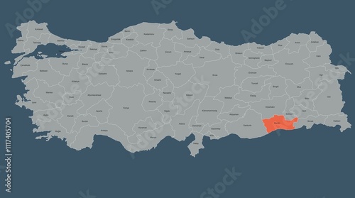 Map of Turkey Highlighting Mardin Region with Labeled Provinces