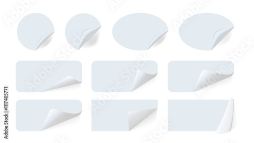 Custom White Label Paper Stickers. Peel-Off Tags and Icons. Office Stationery Set with Rectangle, Round, Square, and Curled Edge Badges. Vector Sticky Notes and Reminders