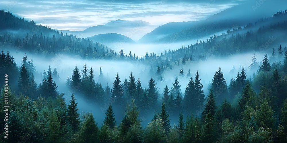 Dramatic Scenic Landscape of Evergreen Forests and Misty Mountain Valleys at Dawn : Generative AI Dramatic Scenic Landscape of Evergreen Forests and Misty Mountain Valleys at Dawn : Generative AI