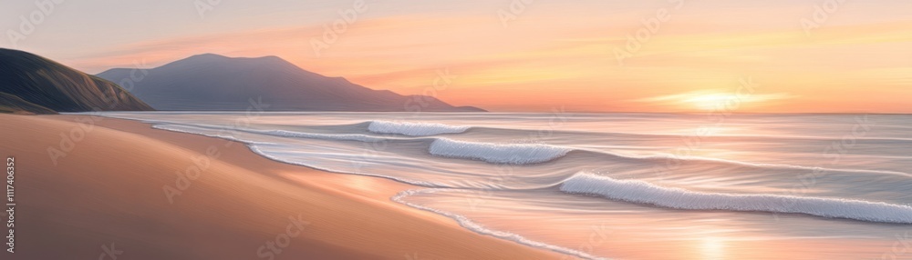 Obraz premium Serene beach landscape at sunset with gentle waves and distant mountains.
