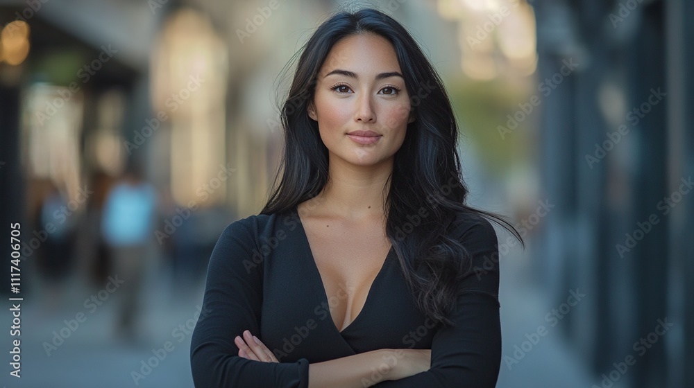 Portrait of a beautiful woman on the street with her arms crossed on her chest. Copy space. Portrait of a beautiful woman on the street with her arms crossed on her chest. Copy space.