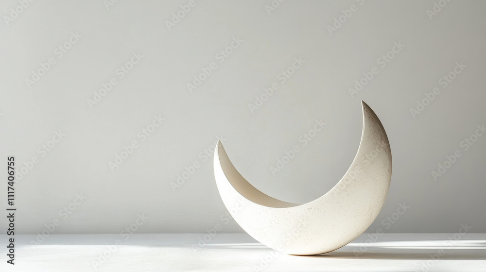 Minimalist sculpture of a crescent moon in soft light on a plain background, creating a tranquil and serene atmosphere. Minimalist sculpture of a crescent moon in soft light on a plain background, creating a tranquil and serene atmosphere.