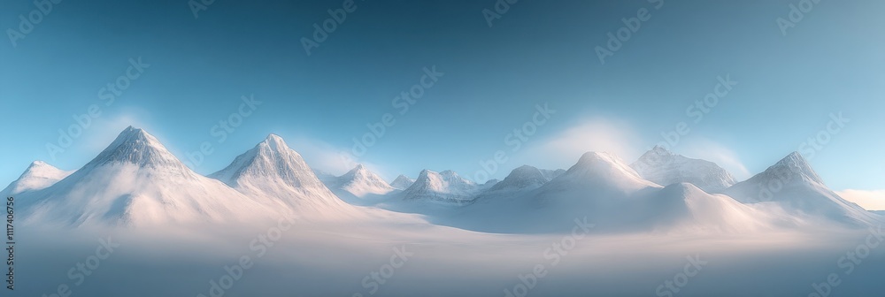 A panoramic view of majestic snow-covered mountains under a clear blue sky. A panoramic view of majestic snow-covered mountains under a clear blue sky.