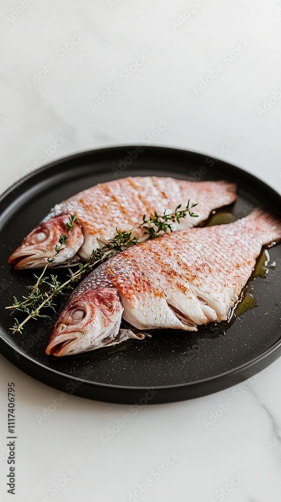 Red snapper served on a sleek black plate, garnished with a drizzle of olive oil and a few sprigs of thyme. Red snapper served on a sleek black plate, garnished with a drizzle of olive oil and a few sprigs of thyme.