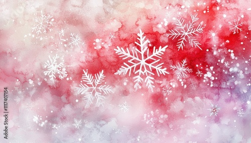 A festive winter-themed background featuring snowflakes on a soft red and pink watercolor backdrop.