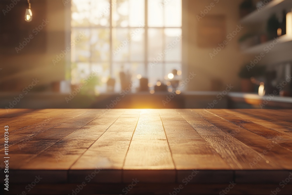 A sunlit wooden table in a cozy kitchen, creating a warm and inviting atmosphere. A sunlit wooden table in a cozy kitchen, creating a warm and inviting atmosphere.