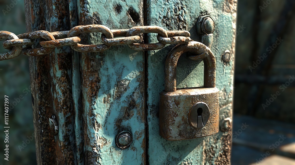 Rusty Padlock and Chain on Weathered Wooden Door Rusty Padlock and Chain on Weathered Wooden Door