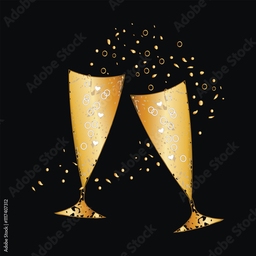 2 champagne glasses toast isolated on black background. Golden glasses, decorative texture. Template, logo, sign, advertising. Digital flat vector 